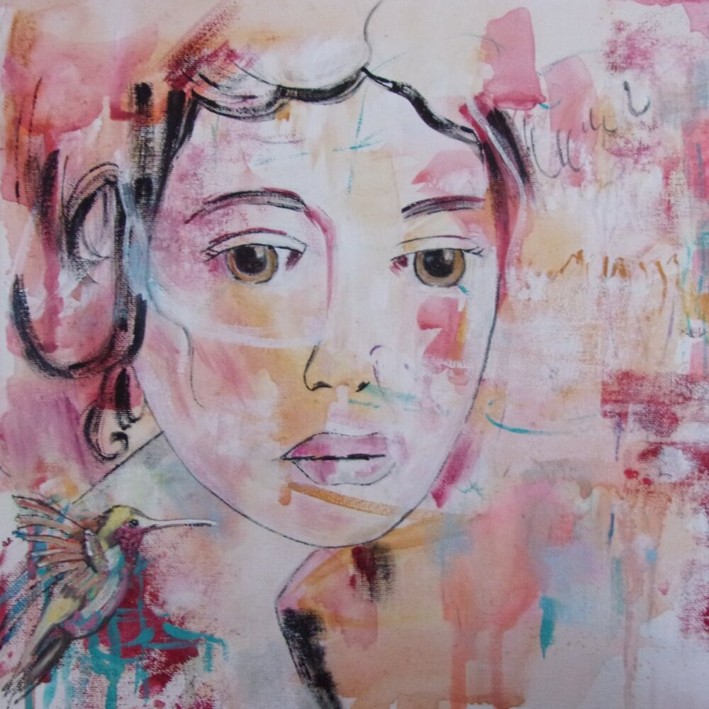 Original Modern Feminine Portrait Painting Hummingbird Abstract realism